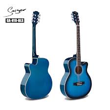 Two blue electric guitars on a white background with a brand logo.