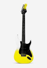 Yellow electric guitar with a black pickguard on a white background