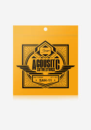Acoustic guitar strings packaging with black text on a yellow background