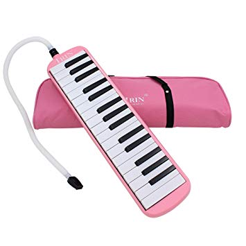 Pink melodica with black and white keys on a white background