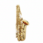 Jupiter JAS510Q Eb gold-lacquered alto saxophone detail showing the bell, lower body, keywork, rods, and guards