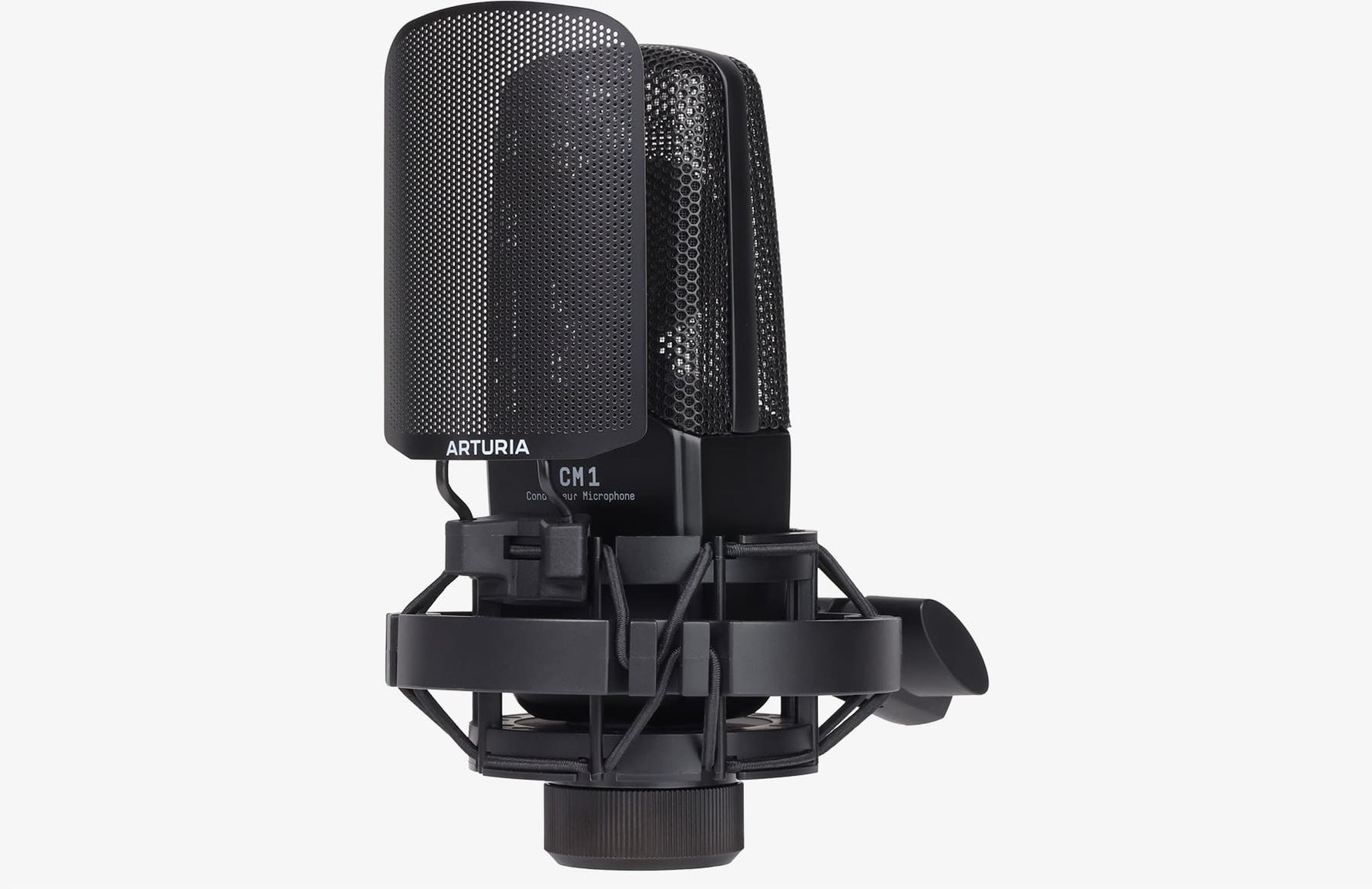 Black studio microphone with a mesh cover on a white background