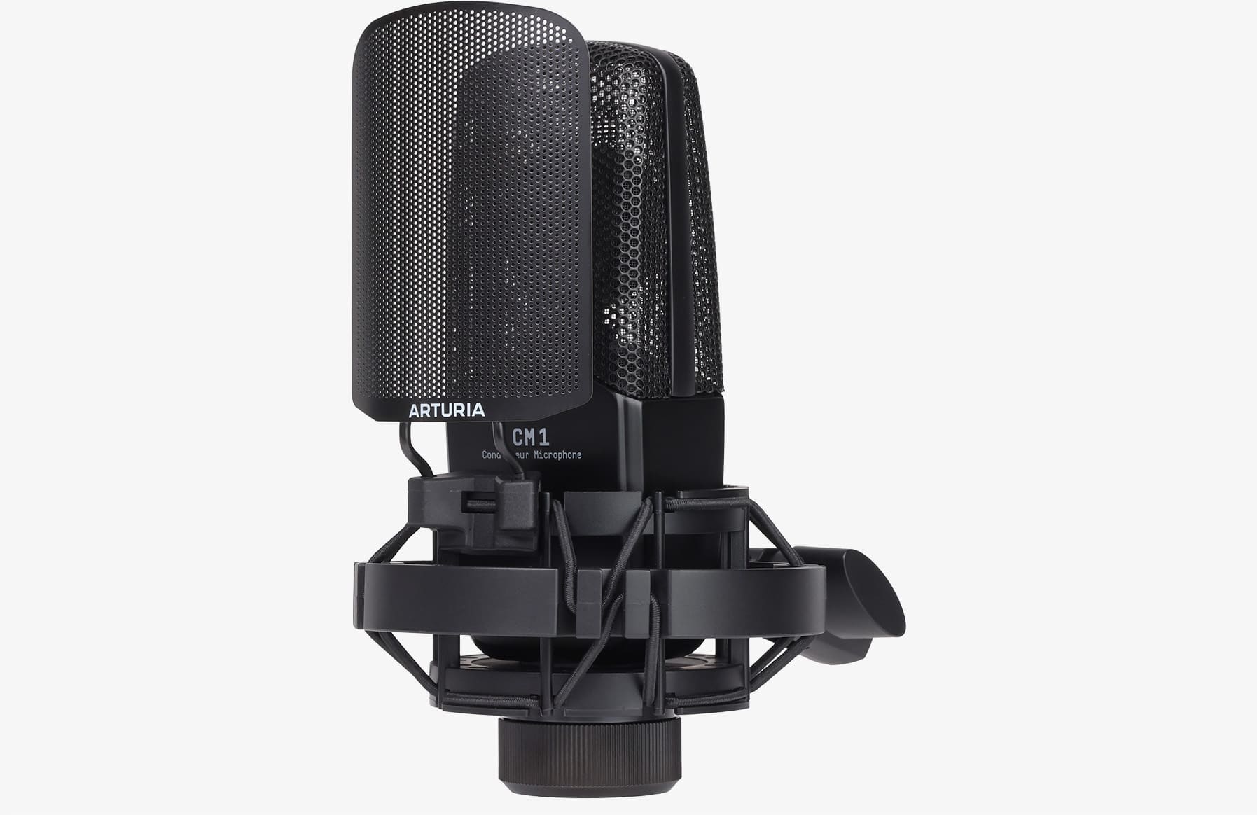 Black studio microphone with a mesh cover on a white background