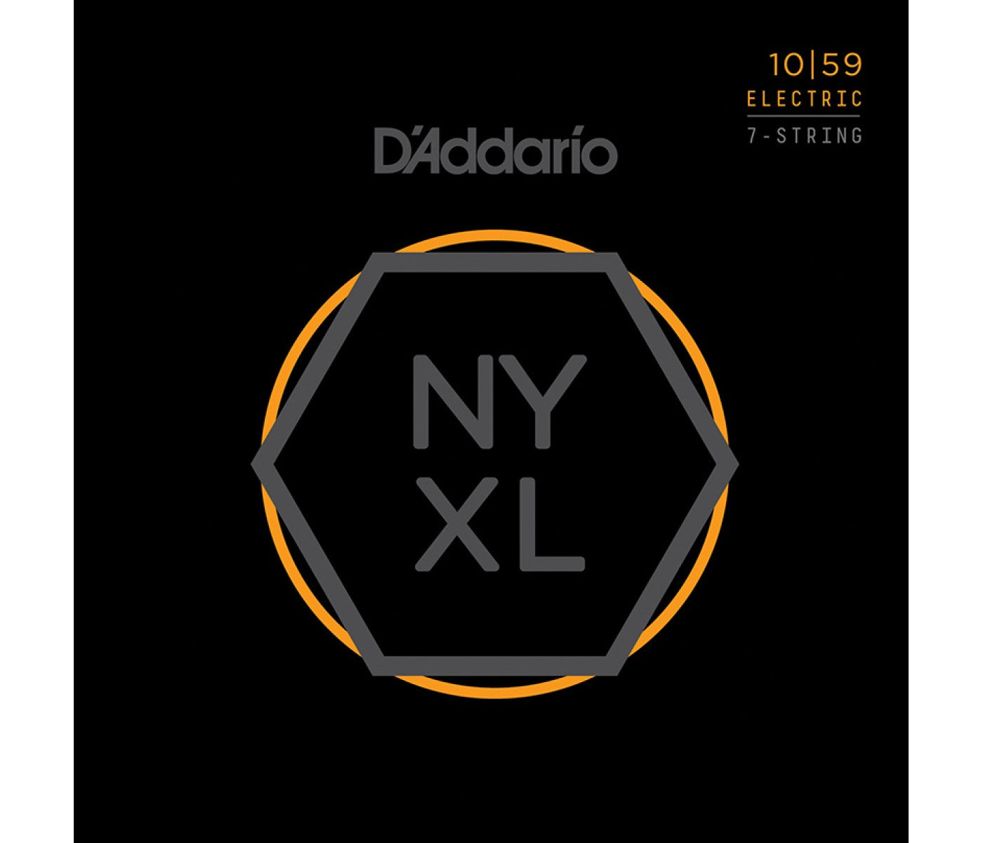Packaging for D'Addario NYXL electric guitar strings with a Nickel Wound design for 7-string guitars.