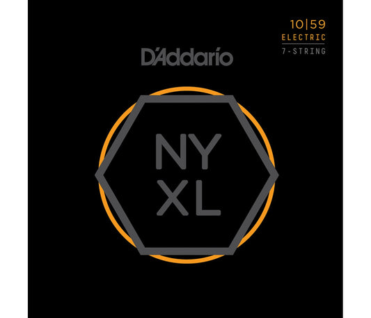 Packaging for D'Addario NYXL electric guitar strings with a Nickel Wound design for 7-string guitars.