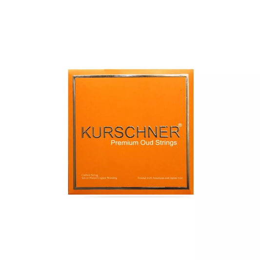 An orange square box for KURSCHNER Premium Oud Strings, featuring the brand name in silver lettering and a thin metallic border, set against a plain white background.