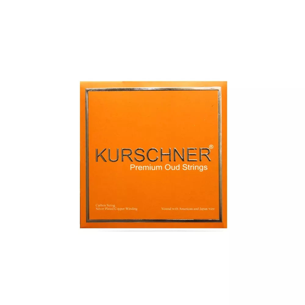 An orange square box for KURSCHNER Premium Oud Strings, featuring the brand name in silver lettering and a thin metallic border, set against a plain white background.