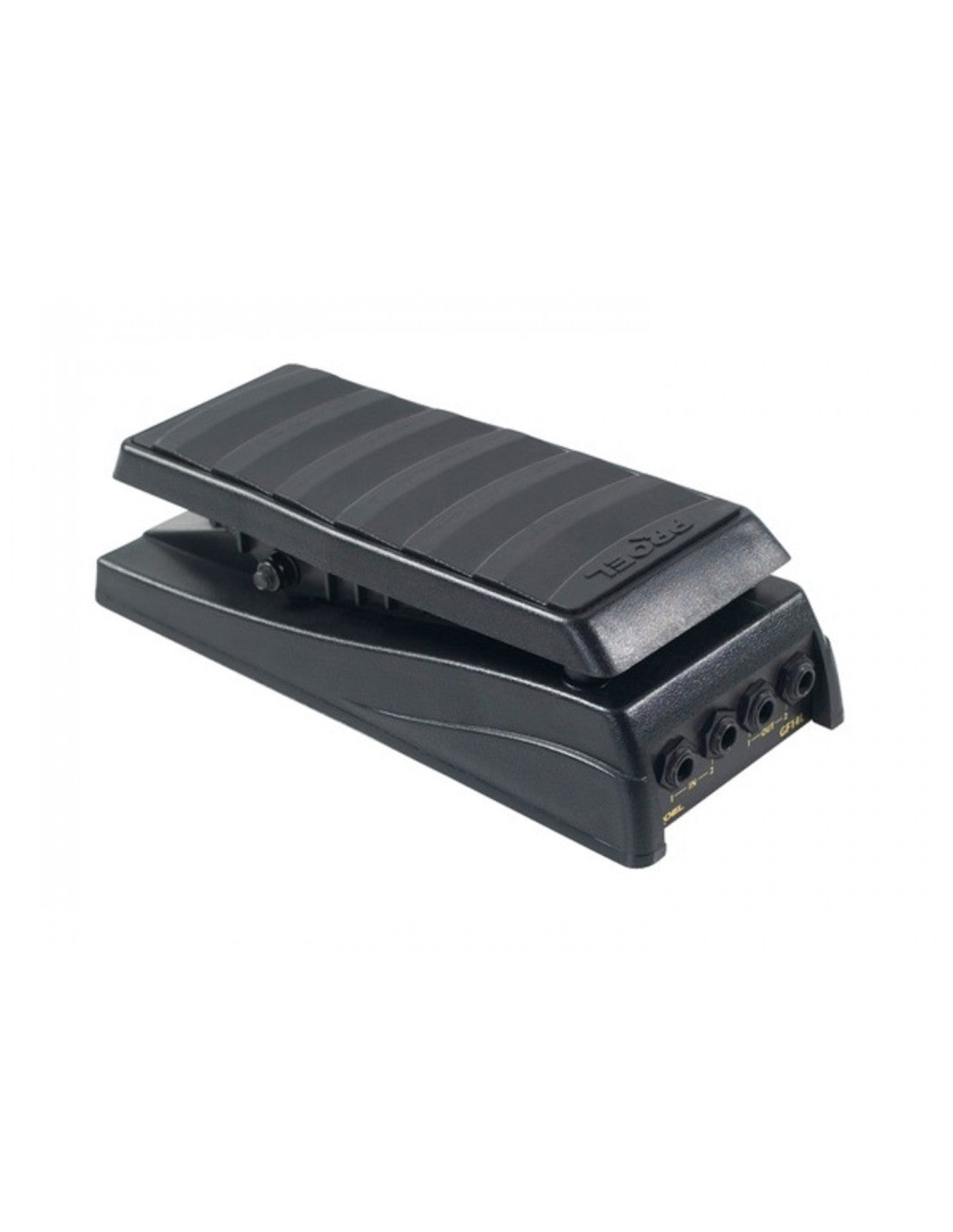 Black foot pedal with multiple connectors on a white background