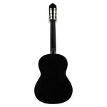 Straight-on full rear view of the Yamaha C40 black classical guitar, showing its black back and neck.