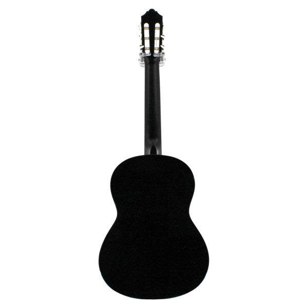 Straight-on full rear view of the Yamaha C40 black classical guitar, showing its black back and neck.