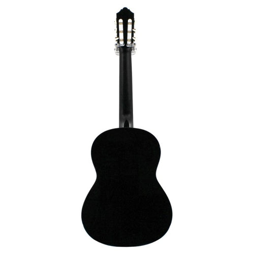 Straight-on full rear view of the Yamaha C40 black classical guitar, showing its black back and neck.