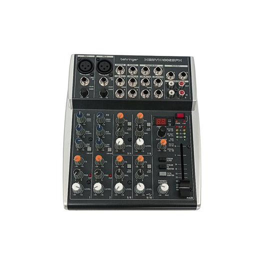Audio mixer with various knobs and ports on a white background