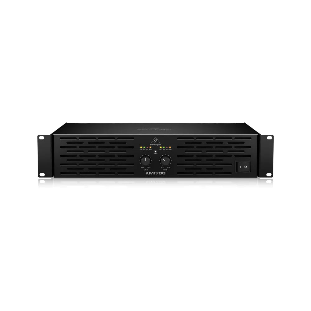 Black audio amplifier with 'KM700' branding on a white background