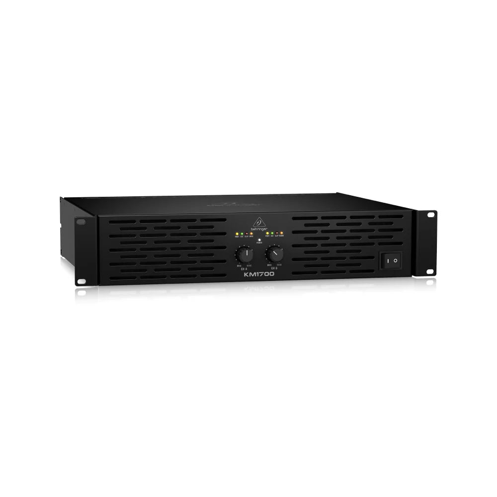 Black audio power amplifier on a white background
