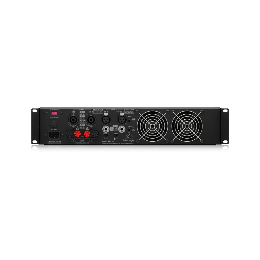 Black audio amplifier with multiple connectors and indicators on a white background