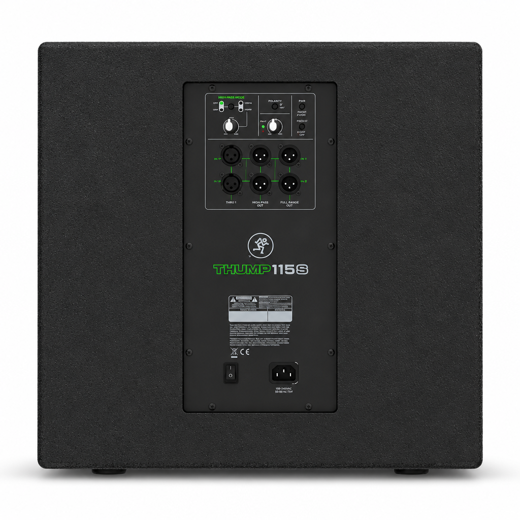 Rear panel of the Mackie Thump115S powered subwoofer showing its controls and input/output connections.