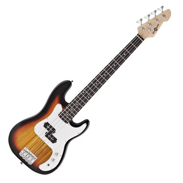 Electric bass guitar with sunburst finish on a white background