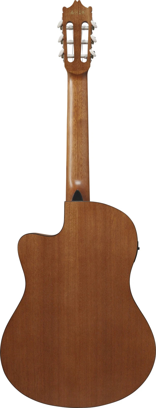Back view of a wooden acoustic guitar on a white background