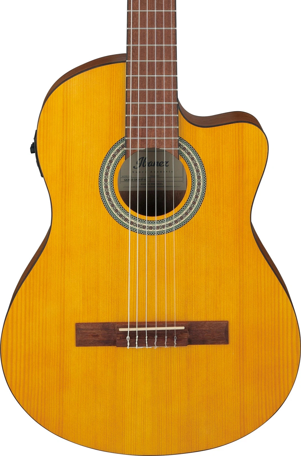 Acoustic guitar with a wooden body and neck on a white background