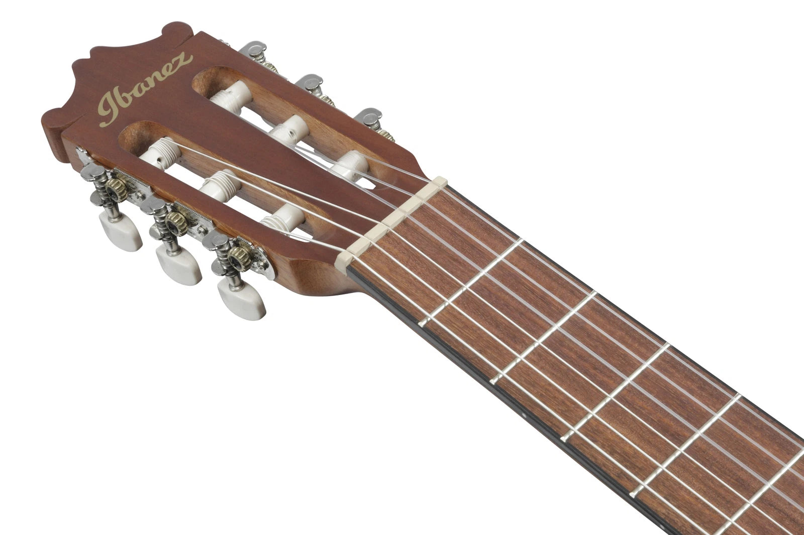 Close-up of a guitar neck with Ibanez branding on a white background