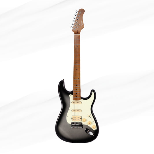 Black electric guitar with a white pickguard on a white background