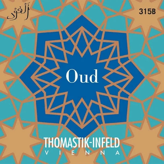 The image displays the packaging for a string instrument set, specifically an oud, with the label '315B' and 'Thomastik-Infield' indicating the brand. The background features a geometric pattern in blue and brown tones, while the central part of the label showcases the product name 'Oud' in a stylized font, and the text 'Vienna' is also present, suggesting the location of the manufacturer.