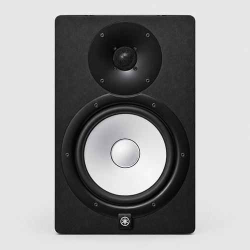 Straight-on front view of one black Yamaha HS8I 8-inch powered studio monitor.