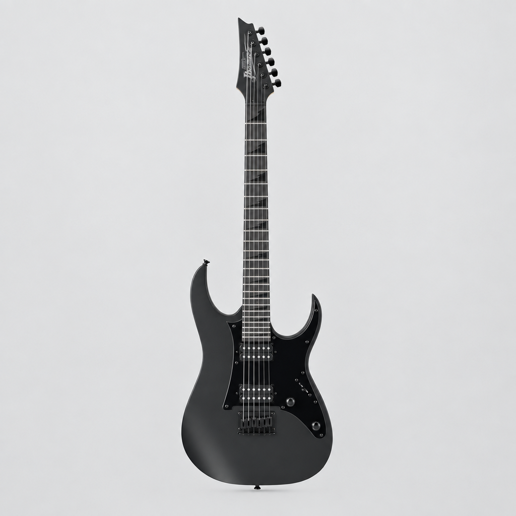Straight-on full front view of the Ibanez GRGR131EX GIO electric guitar in Black Flat.