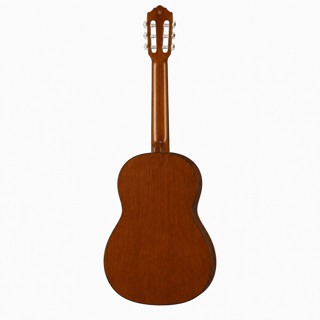Straight-on full rear view of the Yamaha C80 classical guitar, showing the back finish, neck, headstock, and Yamaha branding.