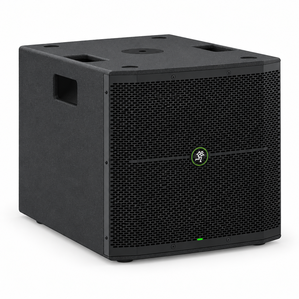 Three-quarter front view of the Mackie Thump115S powered subwoofer showing its cabinet and front grille.
