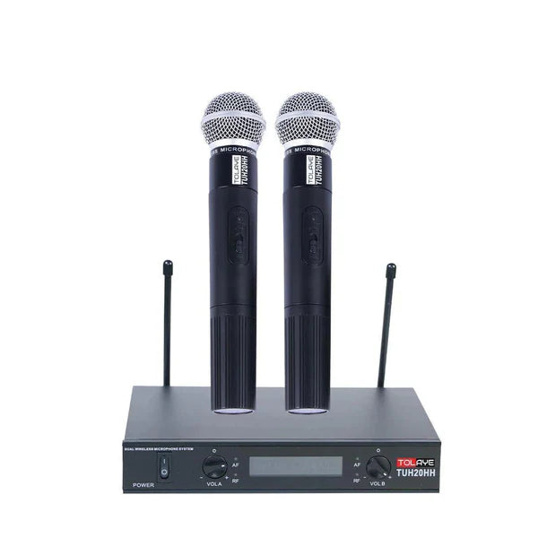 Two wireless microphones with a receiver on a white background
