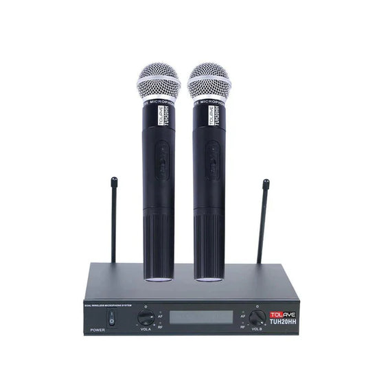 Two wireless microphones with a receiver on a white background