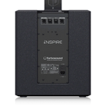 Back view of a black speaker with 'Turbosound' branding on a white background
