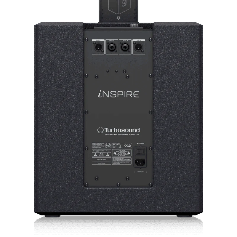 Back view of a black speaker with 'Turbosound' branding on a white background