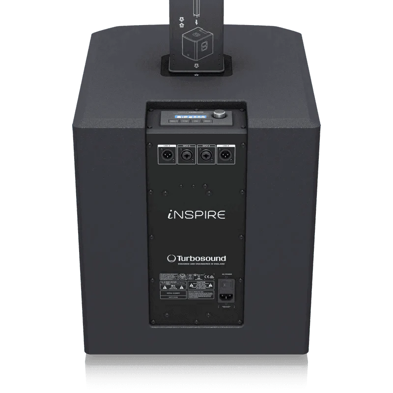 Black speaker with 'iNSPIRE' and 'Turbosound' branding on a white background