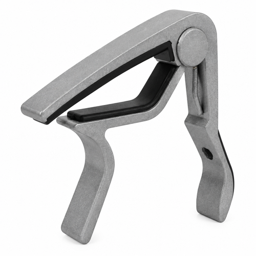 Unbranded BDJ-007 guitar capo shown in a three-quarter view with its metal body, spring mechanism, and contact pads