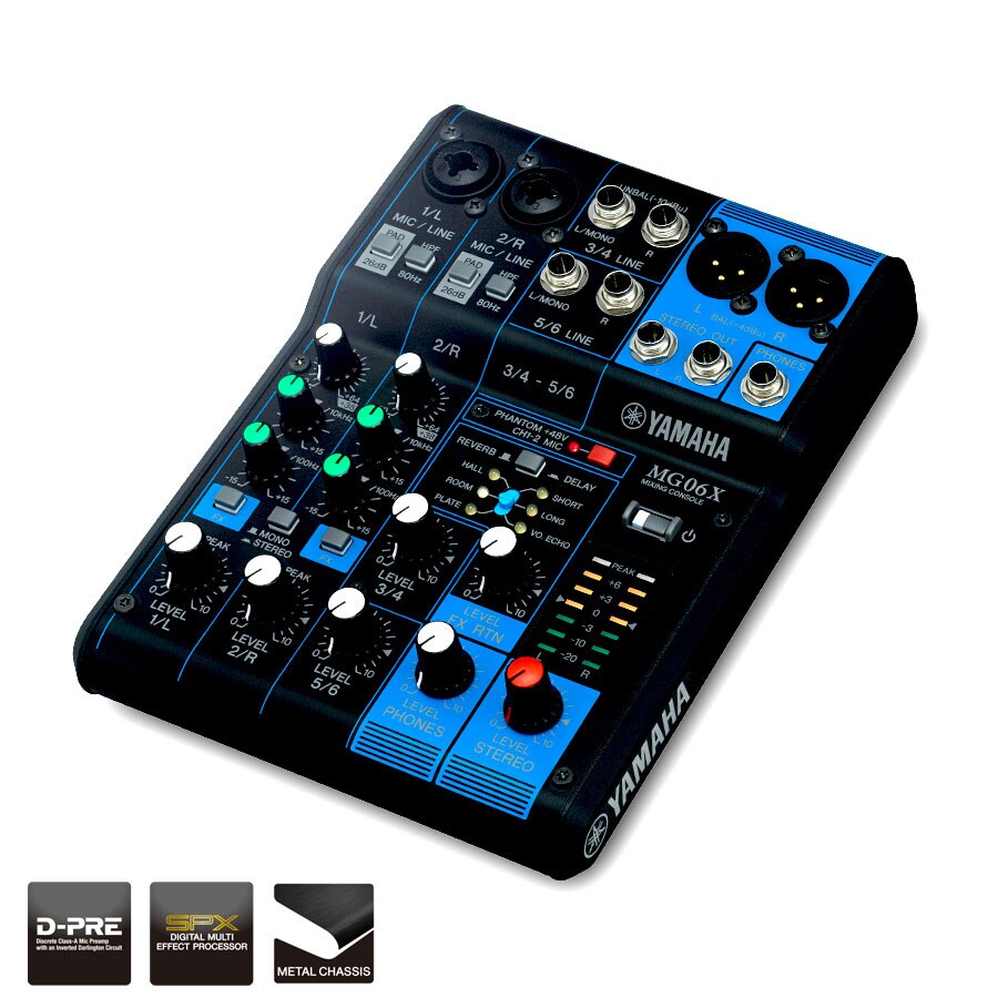 Yamaha MG06X 6-channel analog mixer with SPX effects, black blue compact mixing console