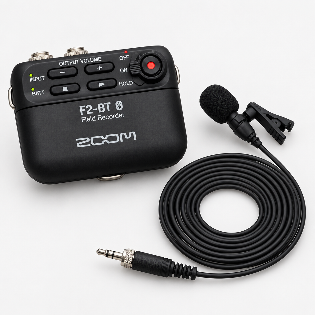 Zoom F2-BT/B field recorder with the included LMF-2 lavalier microphone and cable.