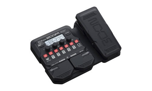 Zoom G1X FOUR Multi-Effects Processor with Expression Pedal, featuring a black body with control knobs, a display screen, and an attached pedal.